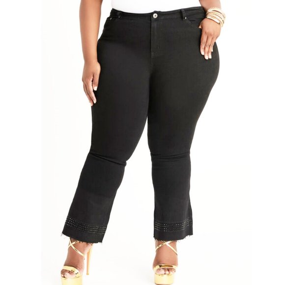 NWT Ashley Stewart Black Crystal Embellished Flared Jeans 24 - Picture 1 of 9
